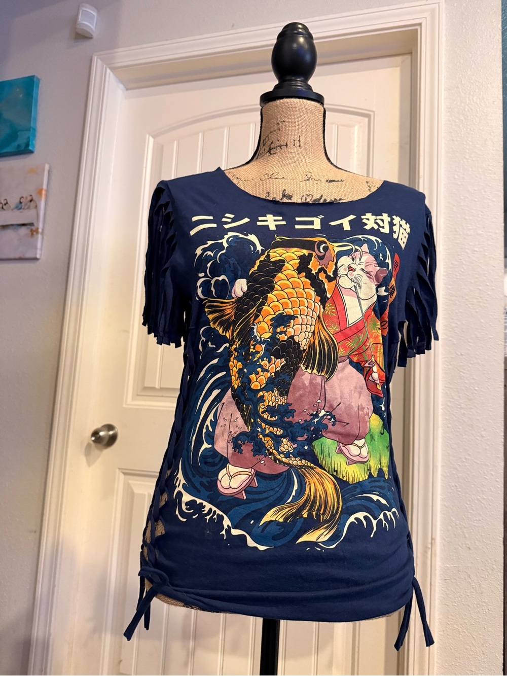 Navy Graphic Koi Print Fringe Sleeve Women's Tee